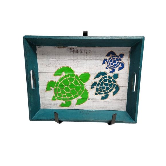 Sea Turtle Wood Tray Hand Painted Turtles Hand Carved Green Blue Serving Tray - Picture 1 of 10